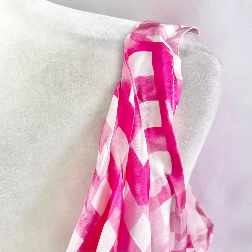 New Chloe Kristyn Gingham Satin Double Strap Cowl Neck Tank Top Pink Size Large - Picture 6 of 16